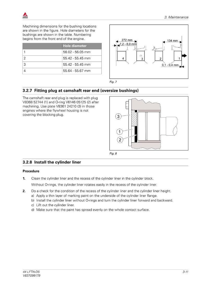 May include: Technical diagram with measurements for engine components. Includes a table with hole diameters in millimeters, and diagrams showing the fitting of plugs and cylinder liners. Text includes instructions for installation.