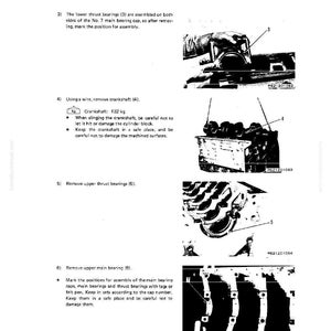 Op de afbeelding: Een pagina uit een technisch handboek met instructies voor het demonteren en monteren van een motor. Het beschrijft het verwijderen van druklagers en de krukas, die 132 kg weegt. Diagrammen en onderdeelnummers zijn inbegrepen.