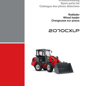 May include: A brochure for a wheel loader, featuring a red and grey machine. The brochure includes the text "Spare parts list" and "Wheel loader". The brand name "WEIDEMANN" is at the top. The model number "2070CXLP" is visible.