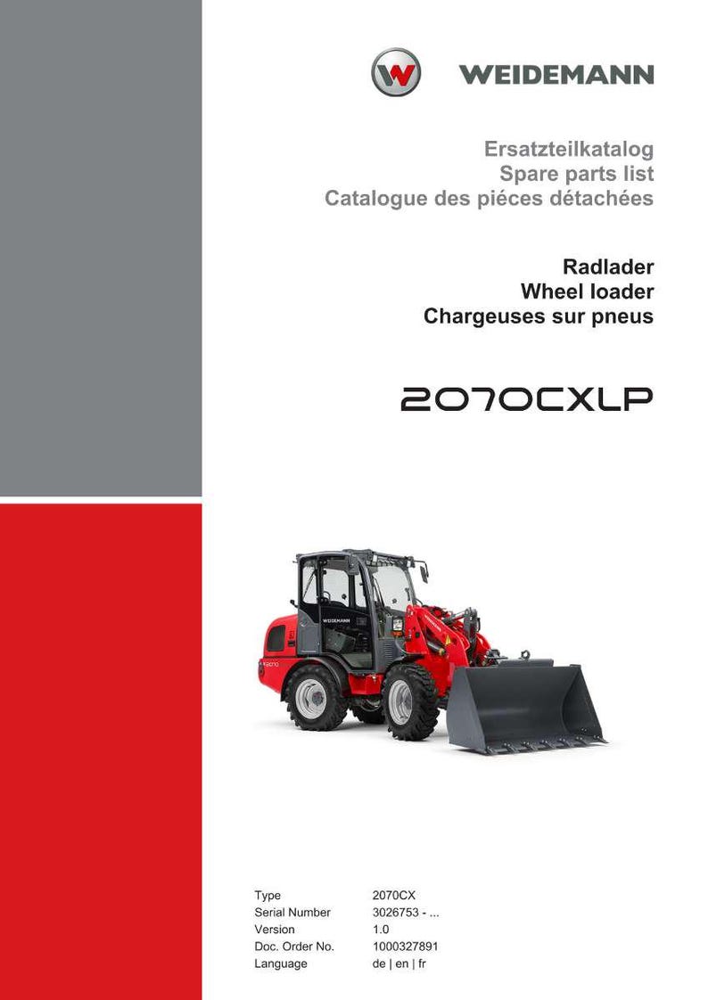May include: A brochure for a wheel loader, featuring a red and grey machine. The brochure includes the text "Spare parts list" and "Wheel loader". The brand name "WEIDEMANN" is at the top. The model number "2070CXLP" is visible.