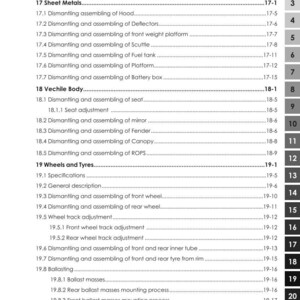 May include: A detailed contents list from a manual, covering sheet metals, vehicle body, wheels, and tyres. The text includes procedures such as bulb replacement and wheel track adjustment.