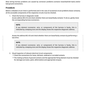Puede incluir: Un documento titulado "Prueba preliminar del circuito el&eacute;ctrico de la BCU" con instrucciones para verificar los problemas del mazo de cables. El texto incluye pasos para las comprobaciones en modo diagn&oacute;stico e inspecciones visuales.