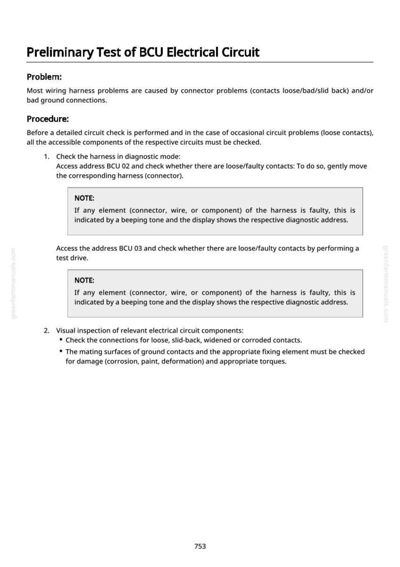 Puede incluir: Un documento titulado "Prueba preliminar del circuito el&eacute;ctrico de la BCU" con instrucciones para verificar los problemas del mazo de cables. El texto incluye pasos para las comprobaciones en modo diagn&oacute;stico e inspecciones visuales.