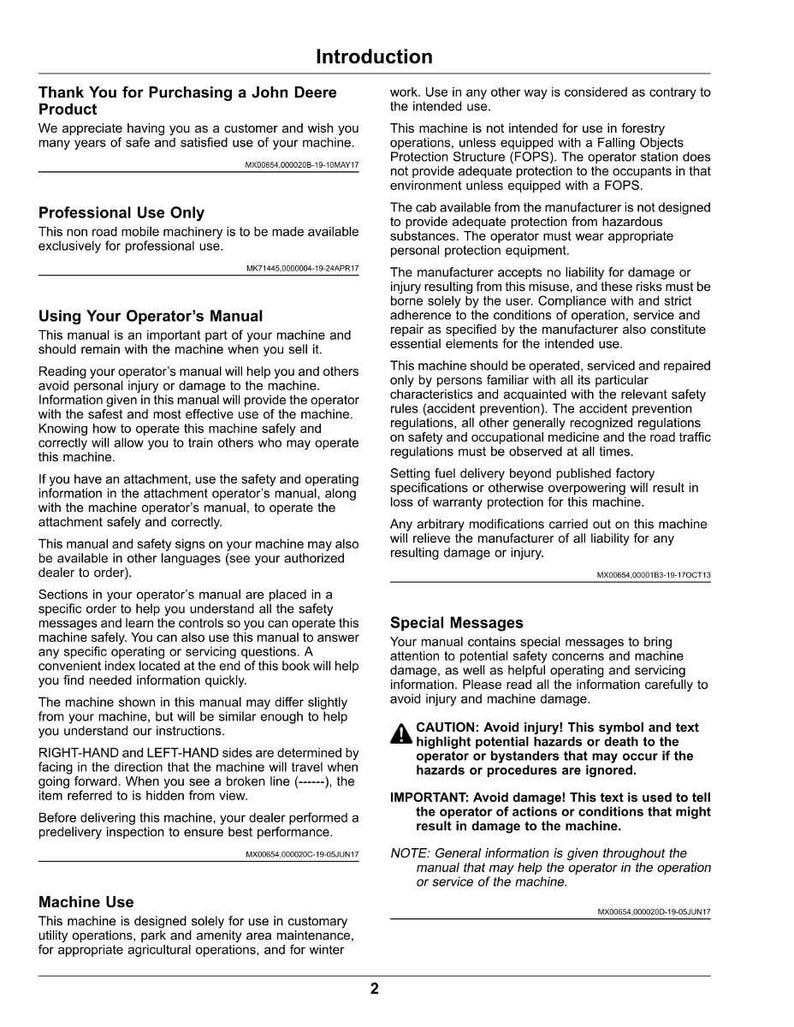 May include: A page from a John Deere operator's manual, featuring the "Introduction" section. The text includes safety warnings, machine use instructions, and special messages. The manual is for professional use.