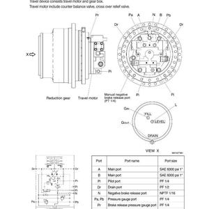 May include: Technical diagram of a travel device, including a travel motor and reduction gear. The diagram includes labels for ports, gauges, and hydraulic circuits, with measurements in inches and psi.