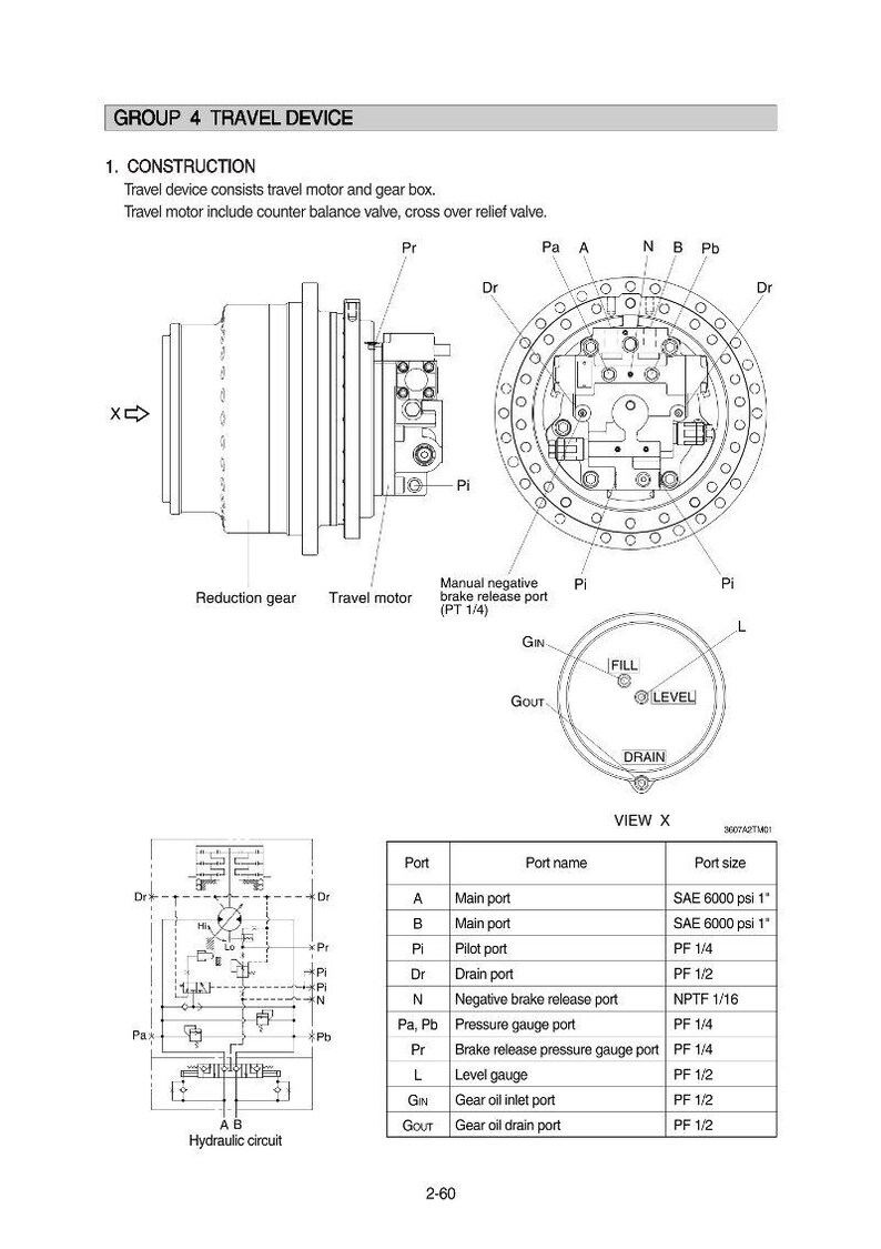 May include: Technical diagram of a travel device, including a travel motor and reduction gear. The diagram includes labels for ports, gauges, and hydraulic circuits, with measurements in inches and psi.