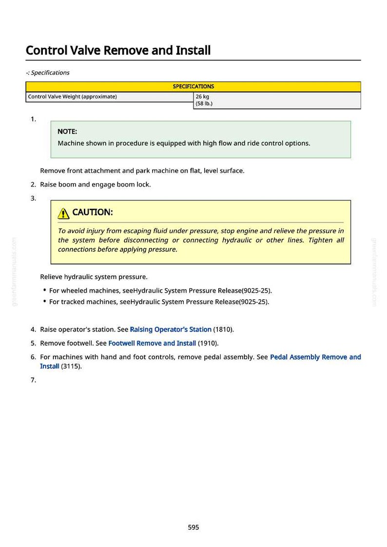 Peut inclure: Document technique &laquo;&nbsp;Retrait et installation du distributeur&nbsp;&raquo; avec sp&eacute;cifications. Il comprend un avertissement concernant la pression hydraulique et des instructions. Le poids de la vanne est d'environ 26 kg.