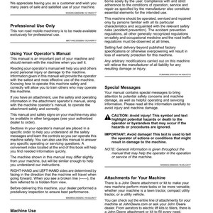 May include: An operator's manual for a John Deere machine, detailing usage, safety advice, and attachments. The manual offers instructions and safety information for operating and servicing the machine. The cover has the text "Introduction".