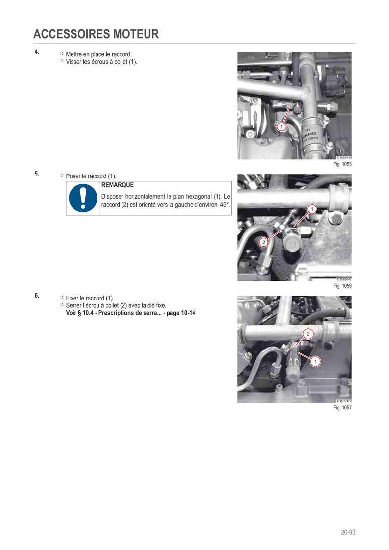 Op de afbeelding: Een pagina uit een handleiding getiteld "ACCESSOIRES MOTEUR" met diagrammen en instructies voor het monteren van motoronderdelen. De diagrammen tonen close-ups van motoronderdelen met genummerde labels en pijlen.