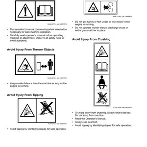 May include: Page of safety labels with warning symbols and instructions. Includes symbols for reading the operator's manual, avoiding injury from rotating blades, thrown objects, crushing, and tipping.