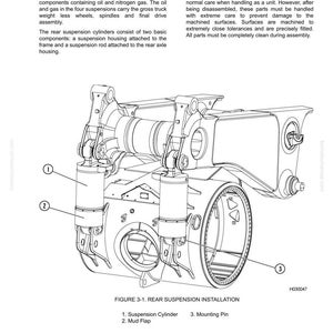 Pu&ograve; includere: Diagramma tecnico di un'installazione di sospensione posteriore, etichettato con numeri e nomi. Il diagramma include un cilindro di sospensione, un parafango e un perno di montaggio. Il testo "REAR SUSPENSIONS" &egrave; in alto.