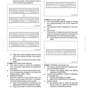 May include: A technical diagram with multiple rectangular boxes containing alphanumeric characters and symbols. The document includes instructions for testing and adjusting machinery, with details on fan speed and sensor settings.
