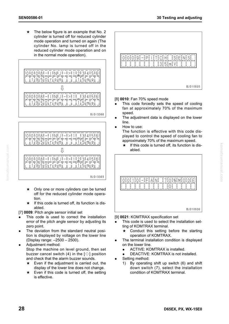 May include: A technical diagram with multiple rectangular boxes containing alphanumeric characters and symbols. The document includes instructions for testing and adjusting machinery, with details on fan speed and sensor settings.
