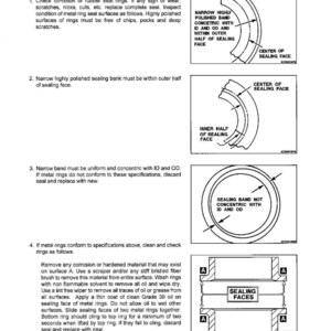 May include: Diagram showing metal type face seals with instructions for seal inspection. Includes illustrations of seal components, such as the outer and inner half of the sealing face, and the sealing band.