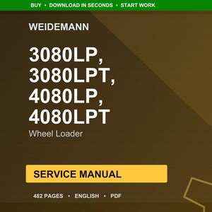 May include: A digital service manual for Weidemann wheel loaders, including models 3080LP, 3080LPT, 4080LP, and 4080LPT. The cover is a gradient of brown and gold, with white text. The manual is 482 pages and in English.