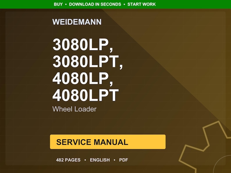 May include: A digital service manual for Weidemann wheel loaders, including models 3080LP, 3080LPT, 4080LP, and 4080LPT. The cover is a gradient of brown and gold, with white text. The manual is 482 pages and in English.