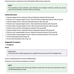 May include: A technical document titled "TC1 517529.14 - Left Stabilizer Wheel Travel Range Restricted." The document includes diagnostic procedures, related information, and troubleshooting steps for agricultural equipment. The text is on a white background.