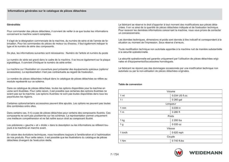 May include: A French-language parts catalogue page with conversion tables. The document provides general information, technical data, and a table converting units such as milliliters to US fluid ounces and millimeters to inches (0.039 in). The Weidemann logo is at the bottom.