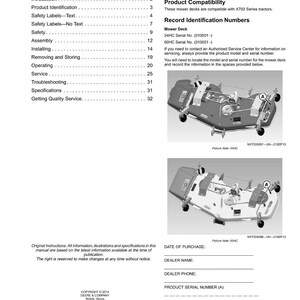 May include: A manual page with the title "Contents" and sections on product identification, safety, assembly, and service. Includes diagrams of mower decks and spaces to record product information.