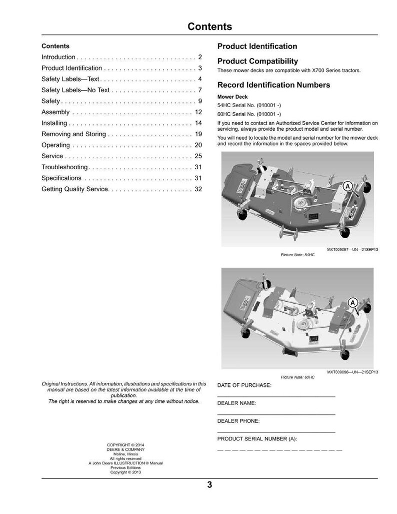May include: A manual page with the title "Contents" and sections on product identification, safety, assembly, and service. Includes diagrams of mower decks and spaces to record product information.