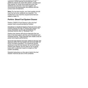 K&ouml;nnte beinhalten: Eine Seite aus einem Handbuch mit dem Titel "Perkins Diesel Fuel System Cleaner". Der Text erkl&auml;rt die Verwendung von Kraftstoffzus&auml;tzen und den Perkins T400012 Fuel Cleaner, einschlie&szlig;lich Anweisungen und Empfehlungen zur Wartung des Motors.