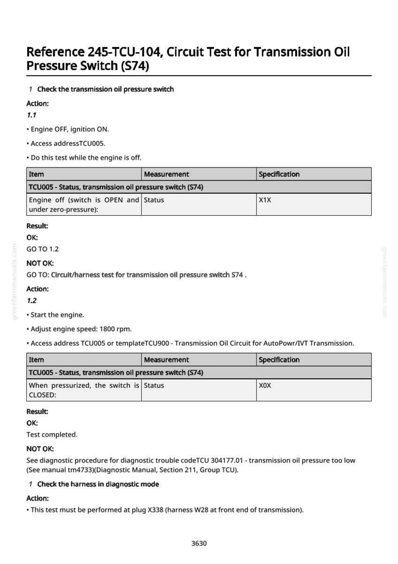 May include: A document with the title "Reference 245-TCU-104, Circuit Test for Transmission Oil Pressure Switch (S74)". The document contains instructions for testing the transmission oil pressure switch, including engine operation and diagnostic steps.