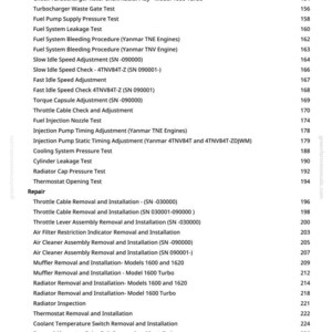 May include: A page from a manual with a list of engine repair and maintenance procedures, including turbocharger inspections, fuel system tests, and cooling system checks. The text is black on a white background.