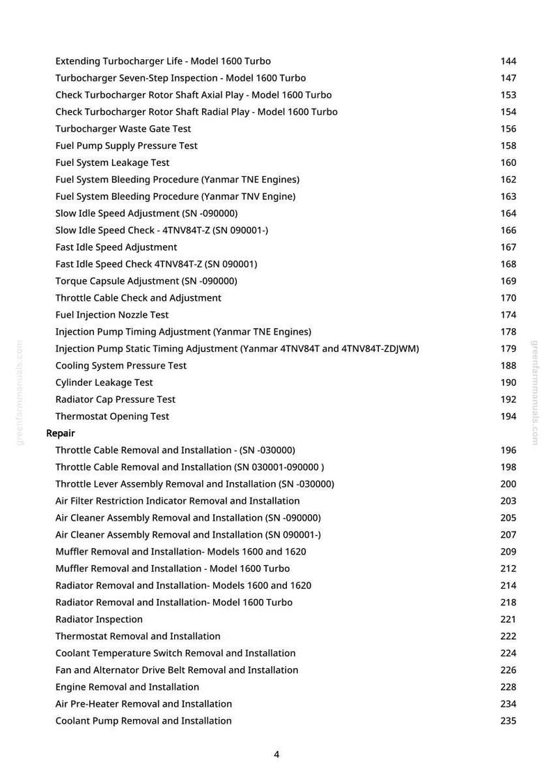 May include: A page from a manual with a list of engine repair and maintenance procedures, including turbocharger inspections, fuel system tests, and cooling system checks. The text is black on a white background.