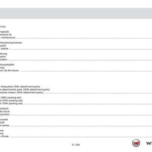 May include: A manual page with a table of contents in German, English, and French. The table lists service, engine components, and other mechanical parts. The Weidemann logo is in the bottom right corner.