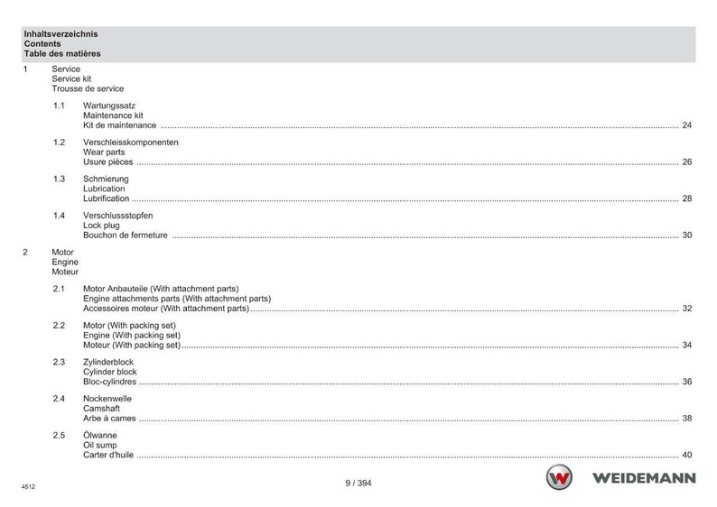 May include: A manual page with a table of contents in German, English, and French. The table lists service, engine components, and other mechanical parts. The Weidemann logo is in the bottom right corner.