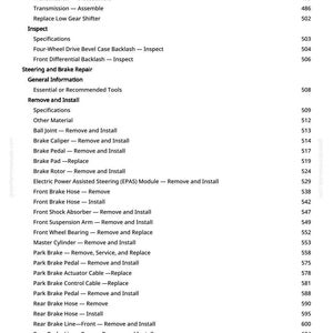 May include: A manual page with a list of automotive repair procedures. The text covers tasks like disassembling and assembling parts, including brake and steering repairs, with page numbers alongside each entry.