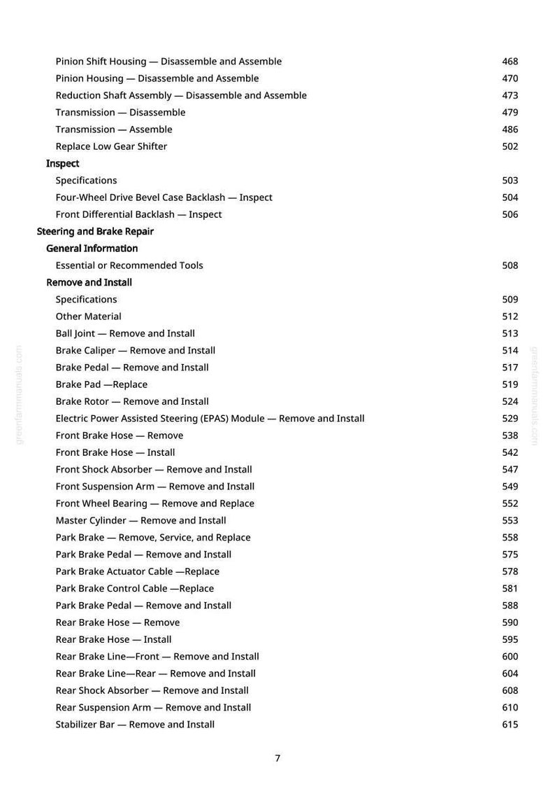 May include: A manual page with a list of automotive repair procedures. The text covers tasks like disassembling and assembling parts, including brake and steering repairs, with page numbers alongside each entry.