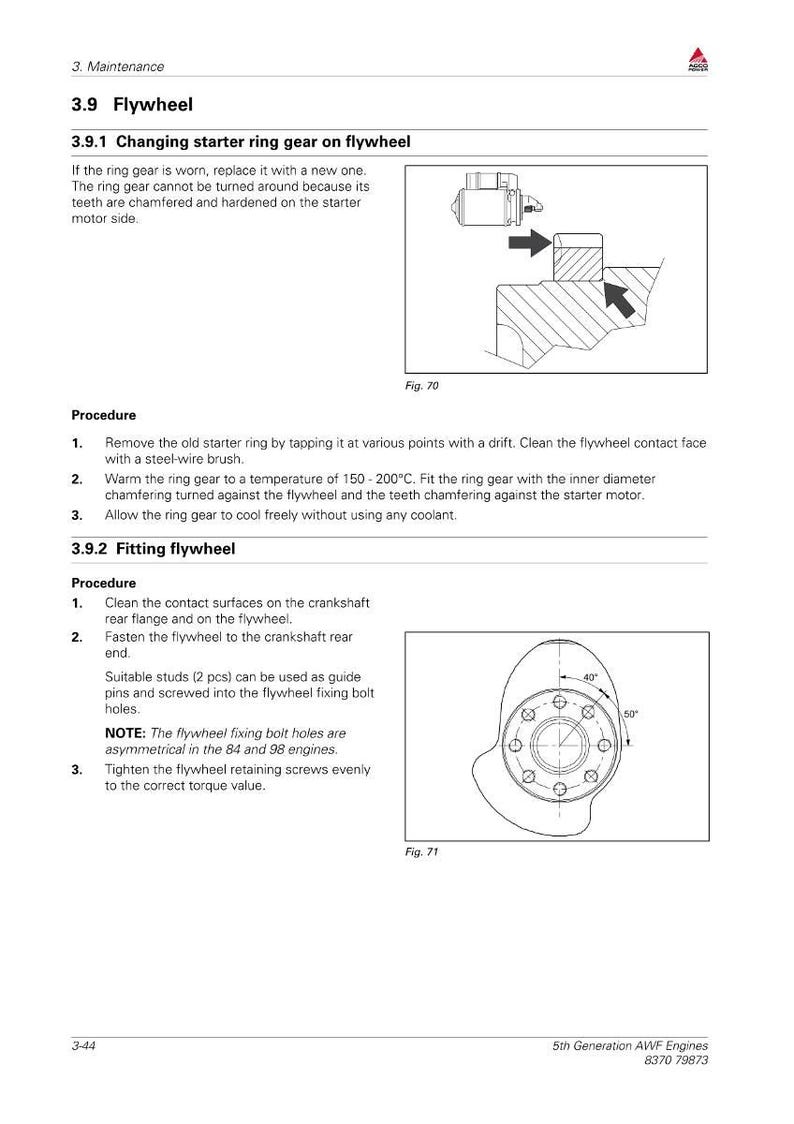 Pu&ograve; includere: Diagramma tecnico che illustra la procedura per la sostituzione della corona dentata di avviamento su un volano. Include istruzioni e illustrazioni per il montaggio del volano, con misure in gradi.