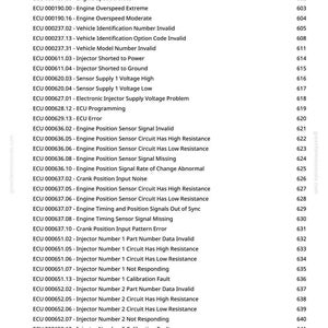 May include: A white page displaying a list of engine control unit (ECU) error codes and their descriptions. The text includes codes such as "Fuel Temperature Input Voltage High" and "Injector Shorted to Power."
