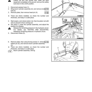 May include: Diagram of boom cylinder disassembly and assembly instructions. The image includes numbered steps with illustrations of the process, including removing bolts, plates, and hoses. The text includes safety warnings and weight specifications.