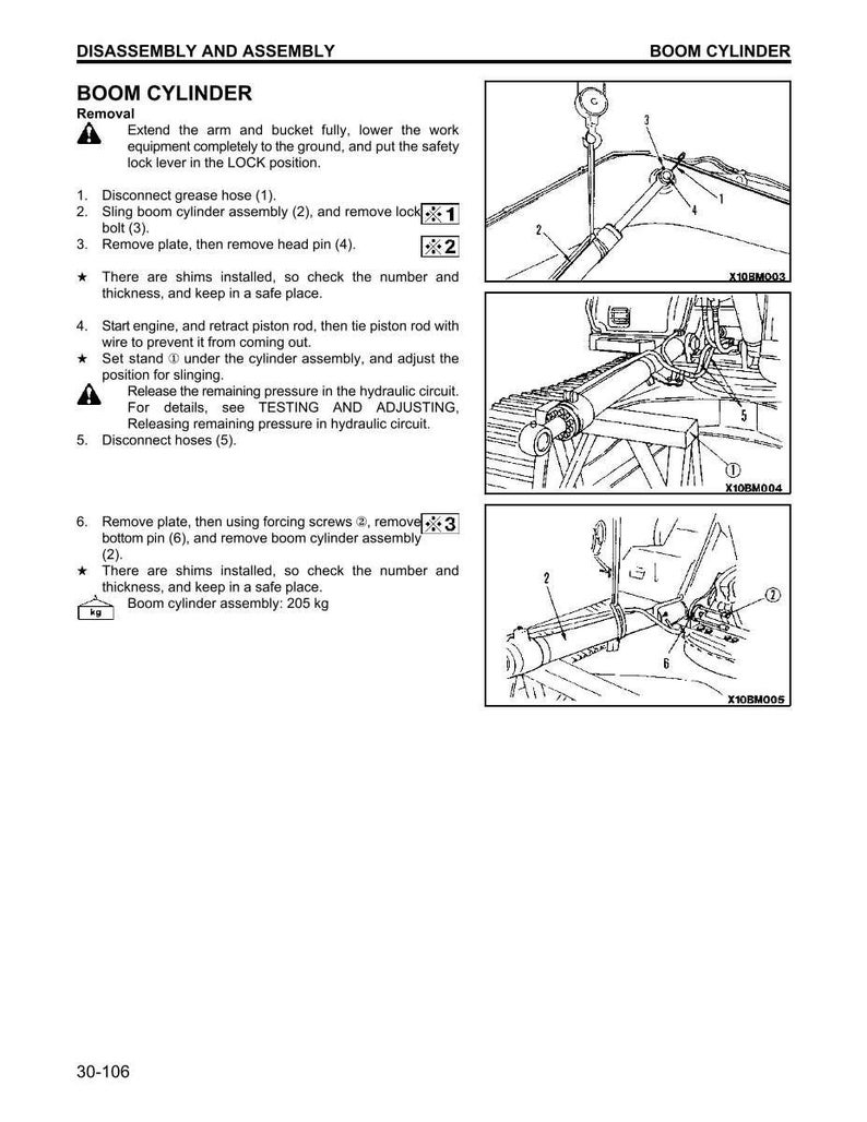 May include: Diagram of boom cylinder disassembly and assembly instructions. The image includes numbered steps with illustrations of the process, including removing bolts, plates, and hoses. The text includes safety warnings and weight specifications.