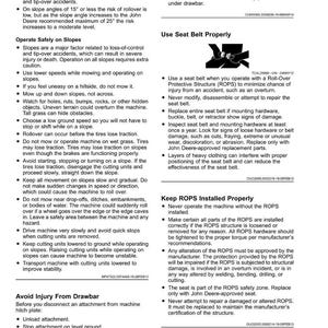 May include: A safety guide for machinery operation, with advice on slopes, seat belts, and ROPS. The image contains text with bullet points, highlighting safe practices to avoid injury and accidents, with measurements in cm.