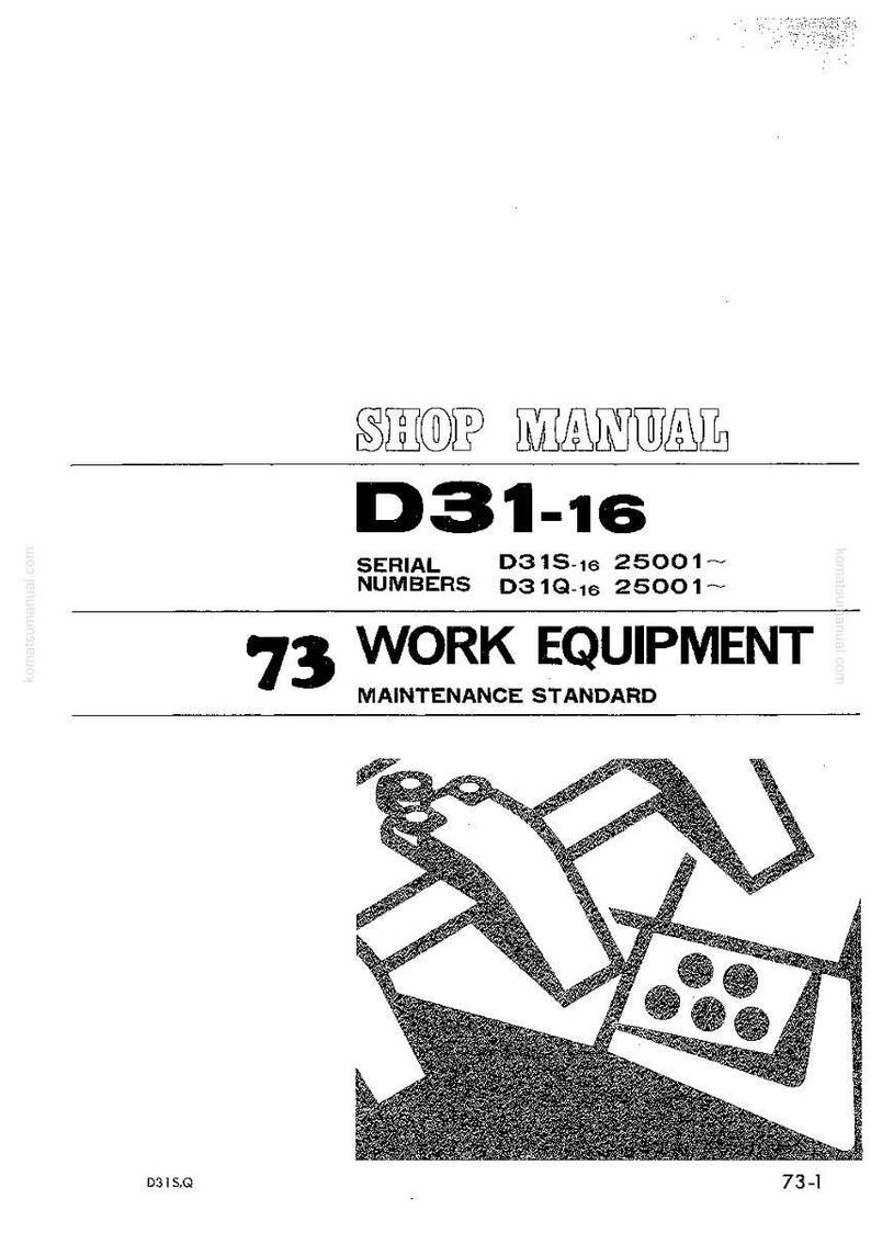 Puede incluir: Una p&aacute;gina de manual de taller en blanco y negro con el t&iacute;tulo "SHOP MANUAL" y el n&uacute;mero de modelo "D31-16". La p&aacute;gina incluye el texto "73 WORK EQUIPMENT MAINTENANCE STANDARD" y un diagrama de maquinaria.