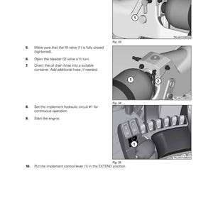 May include: Diagrams from a Fendt tractor manual showing steps for the track belt system. Instructions include removing a rubber cap, closing a fill valve, opening a bleeder valve, and setting the implement hydraulic circuit.