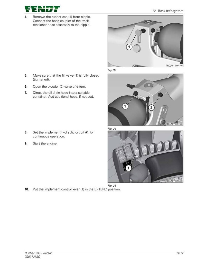 May include: Diagrams from a Fendt tractor manual showing steps for the track belt system. Instructions include removing a rubber cap, closing a fill valve, opening a bleeder valve, and setting the implement hydraulic circuit.