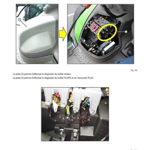 May include: Diagram of electronic diagnostic connectors and their positioning. The image shows the location of diagnostic sockets (2), and the removal of the cover (1). Includes close-up views of the diagnostic ports and their functions. Text in French.