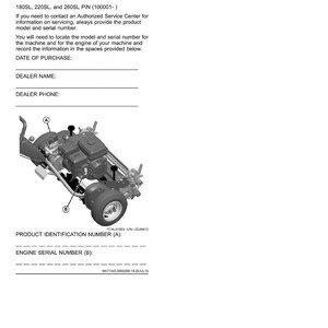 May include: Product identification page for a Walk Greens Mower. The page includes model numbers 180SL, 220SL, and 260SL. It also features a diagram of the mower's engine and components, with spaces to record the product identification and engine serial numbers.