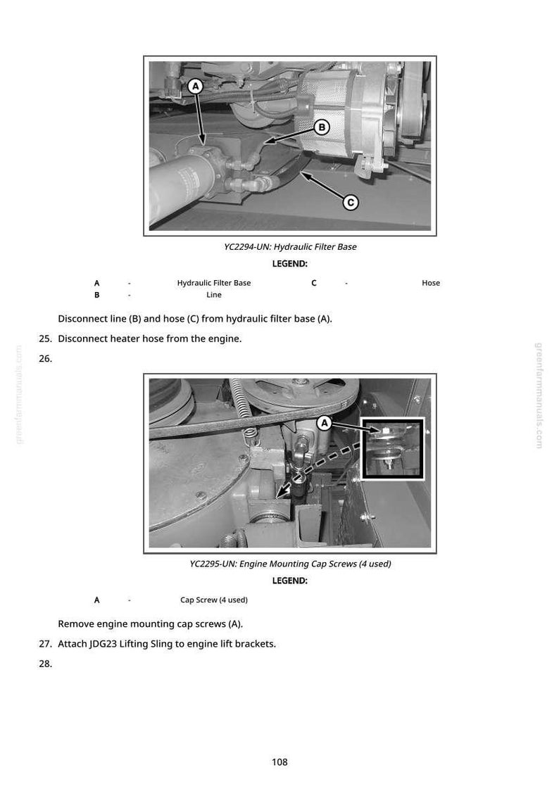 May include: Diagram of engine components with labels and instructions. Includes a hydraulic filter base, lines, and hoses. The image also shows engine mounting cap screws and instructions for removal and attachment of a lifting sling.