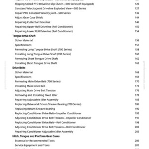 May include: A white-background page with a detailed table of contents for a repair manual. The text lists various repair procedures for agricultural equipment, including drivelines, belts, and gear cases. Page numbers are listed on the right.