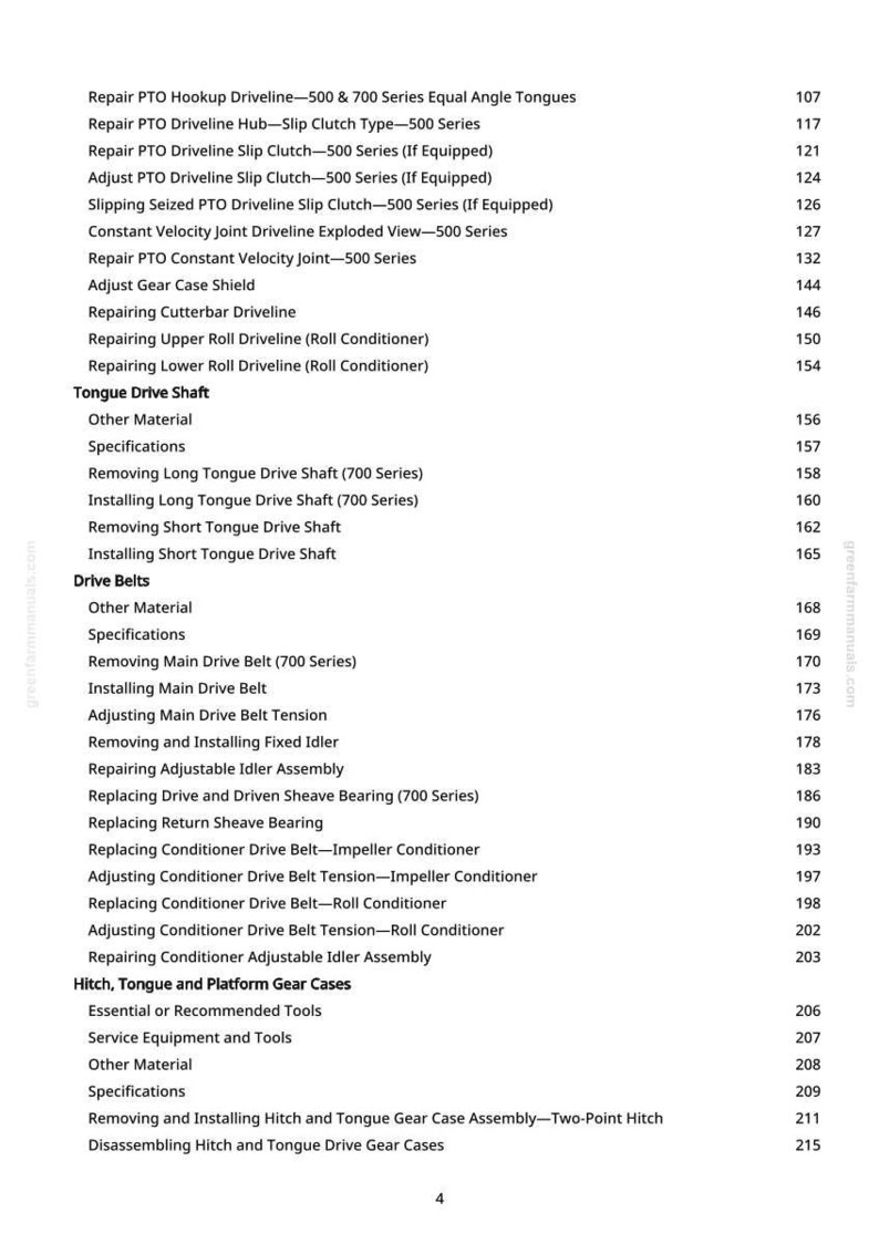 May include: A white-background page with a detailed table of contents for a repair manual. The text lists various repair procedures for agricultural equipment, including drivelines, belts, and gear cases. Page numbers are listed on the right.