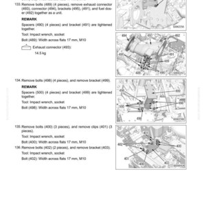 May include: Diagram of engine components with labels and instructions for disassembly and assembly. Includes bolts, connectors, brackets, and other parts. Text includes measurements and tool specifications for each step.