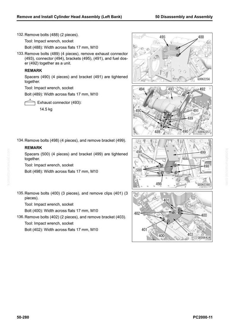 May include: Diagram of engine components with labels and instructions for disassembly and assembly. Includes bolts, connectors, brackets, and other parts. Text includes measurements and tool specifications for each step.