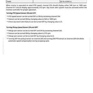 May include: A technical document with a yellow and white table detailing sensor measurements in inches and millimeters. Instructions include turning PTO and pickup speed sensors on and off, with RPM values.