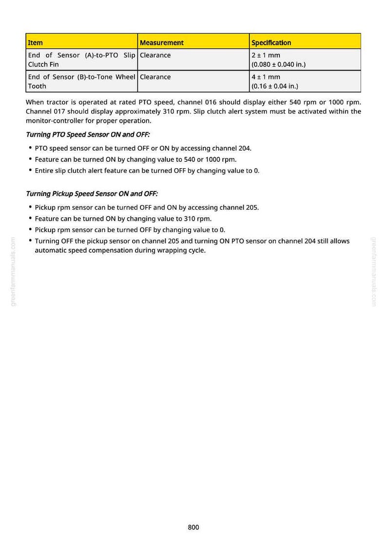 May include: A technical document with a yellow and white table detailing sensor measurements in inches and millimeters. Instructions include turning PTO and pickup speed sensors on and off, with RPM values.