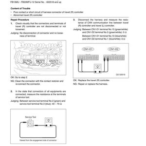 May include: Diagnostic procedure document for ERR14-8120, detailing the abnormal CAN transmission/reception process of a travel (R) controller. Includes diagrams of connectors and troubleshooting steps, with measurements in ohms.